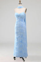 Load image into Gallery viewer, Blue Spaghetti Straps Floral Sheath Maxi Wedding Guest Dress