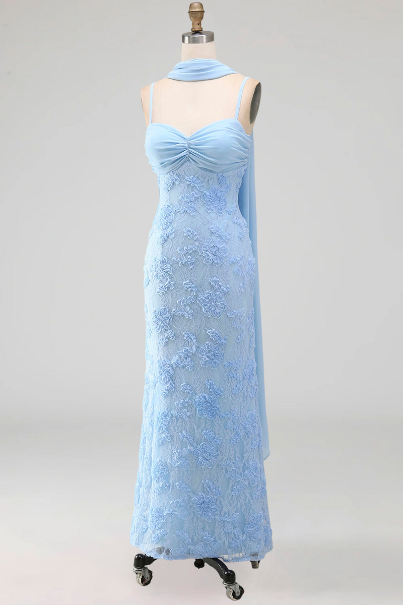 Load image into Gallery viewer, Blue Spaghetti Straps Floral Sheath Maxi Wedding Guest Dress