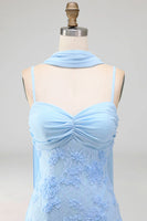 Load image into Gallery viewer, Blue Spaghetti Straps Floral Sheath Maxi Wedding Guest Dress