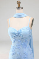 Load image into Gallery viewer, Blue Spaghetti Straps Floral Sheath Maxi Wedding Guest Dress