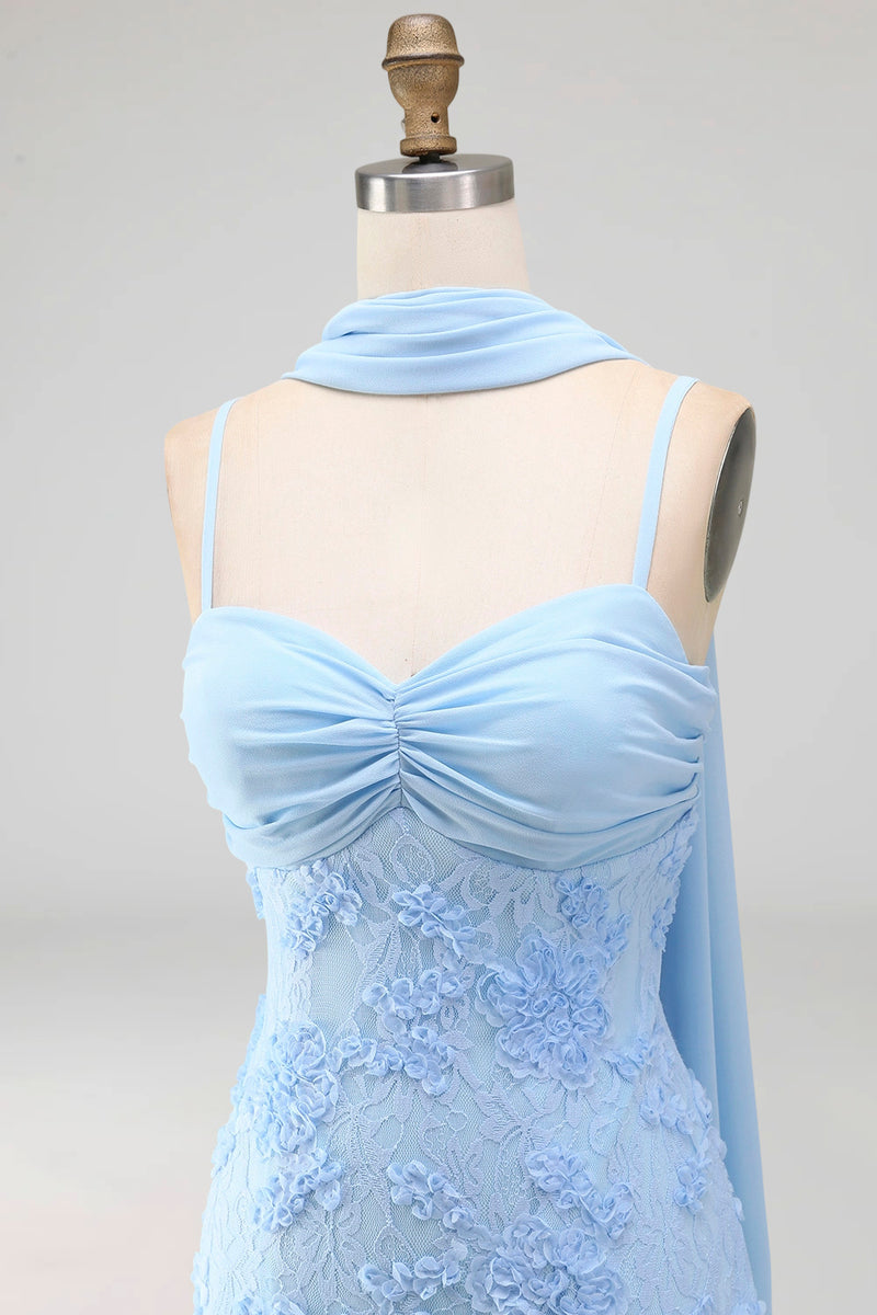 Load image into Gallery viewer, Blue Spaghetti Straps Floral Sheath Maxi Wedding Guest Dress