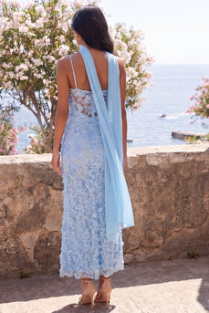 Blue Spaghetti Straps Floral Sheath Maxi Wedding Guest Dress