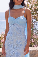 Load image into Gallery viewer, Blue Spaghetti Straps Floral Sheath Maxi Wedding Guest Dress