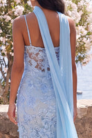 Load image into Gallery viewer, Blue Spaghetti Straps Floral Sheath Maxi Wedding Guest Dress