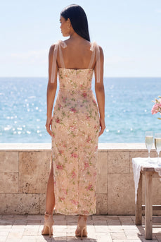 Sparkly Champagne Floral Sequin Long Wedding Guest Dress with Slit