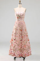 Load image into Gallery viewer, Strapless Floral Pink A Line Maxi Wedding Guest Dress