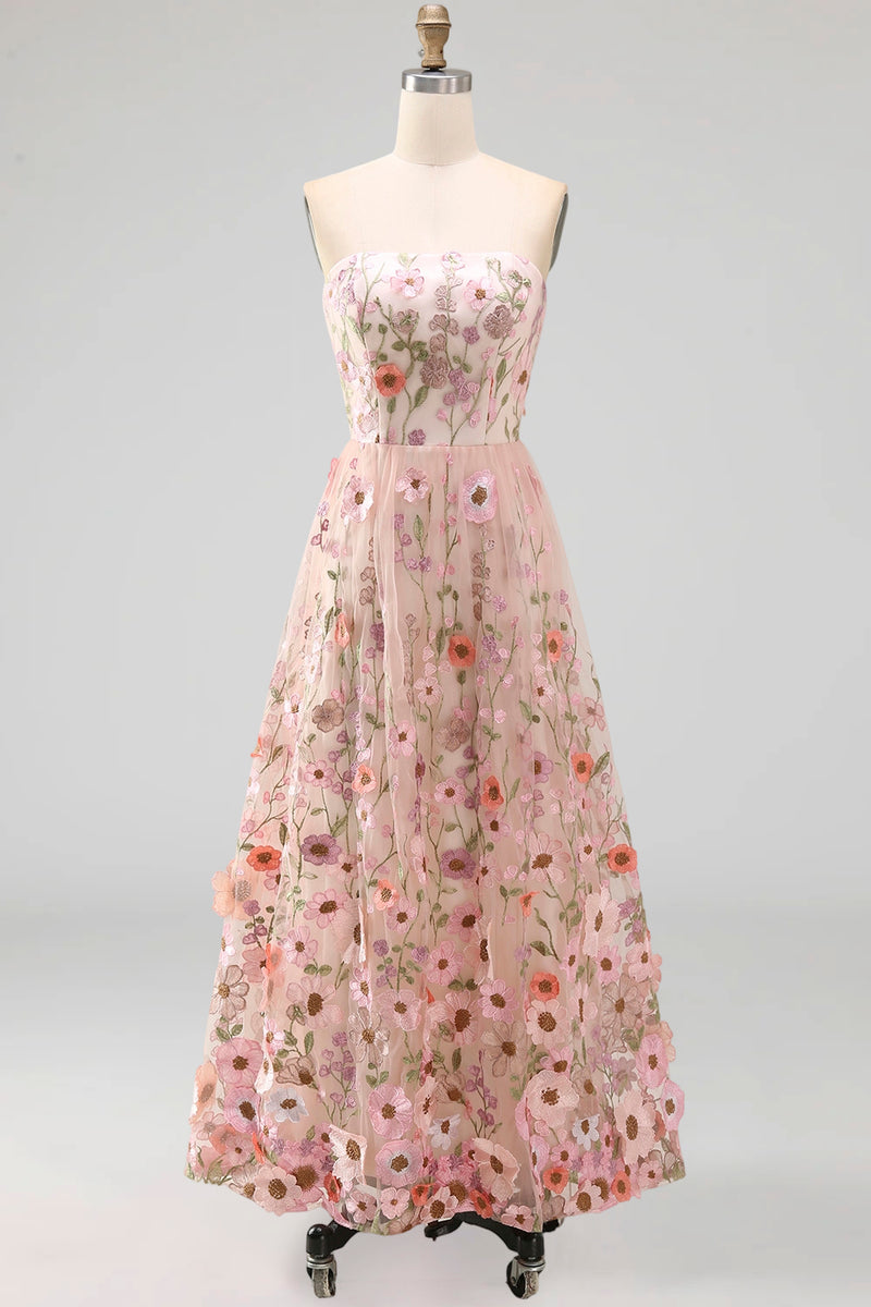 Load image into Gallery viewer, Strapless Floral Pink A Line Maxi Wedding Guest Dress