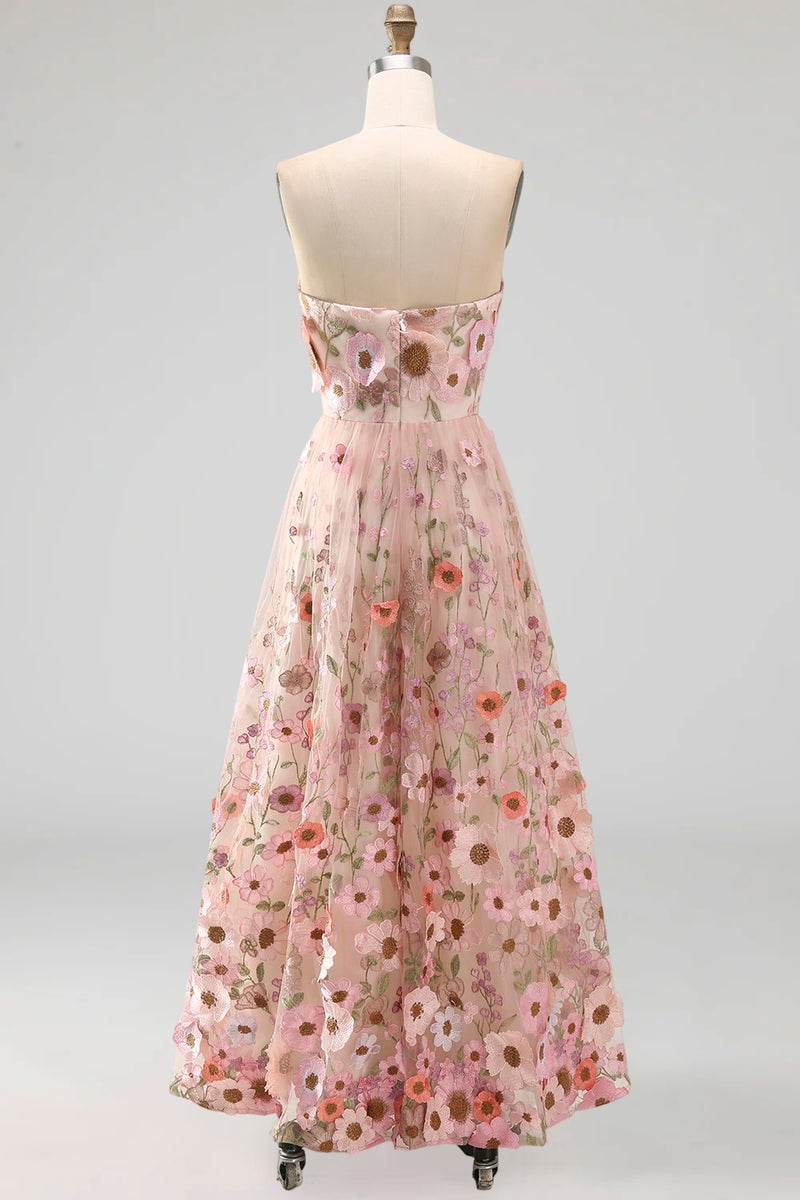 Load image into Gallery viewer, Strapless Floral Pink A Line Maxi Wedding Guest Dress