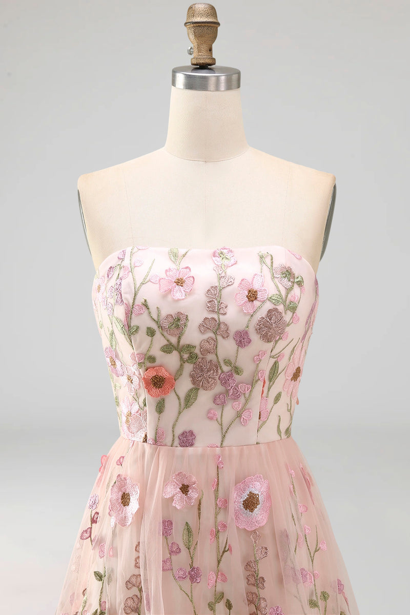 Load image into Gallery viewer, Strapless Floral Pink A Line Maxi Wedding Guest Dress