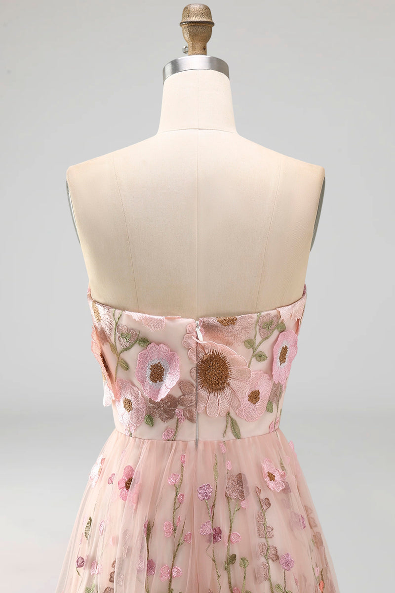 Load image into Gallery viewer, Strapless Floral Pink A Line Maxi Wedding Guest Dress