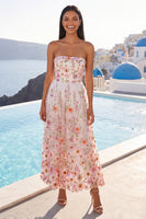 Load image into Gallery viewer, Strapless Floral Pink A Line Maxi Wedding Guest Dress
