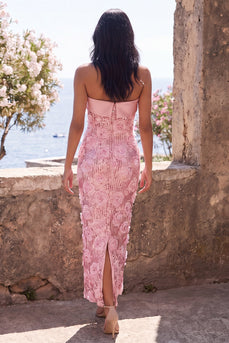 Floral Sparkly Sequin Pink Long Sheath Wedding Guest Dress with Slit