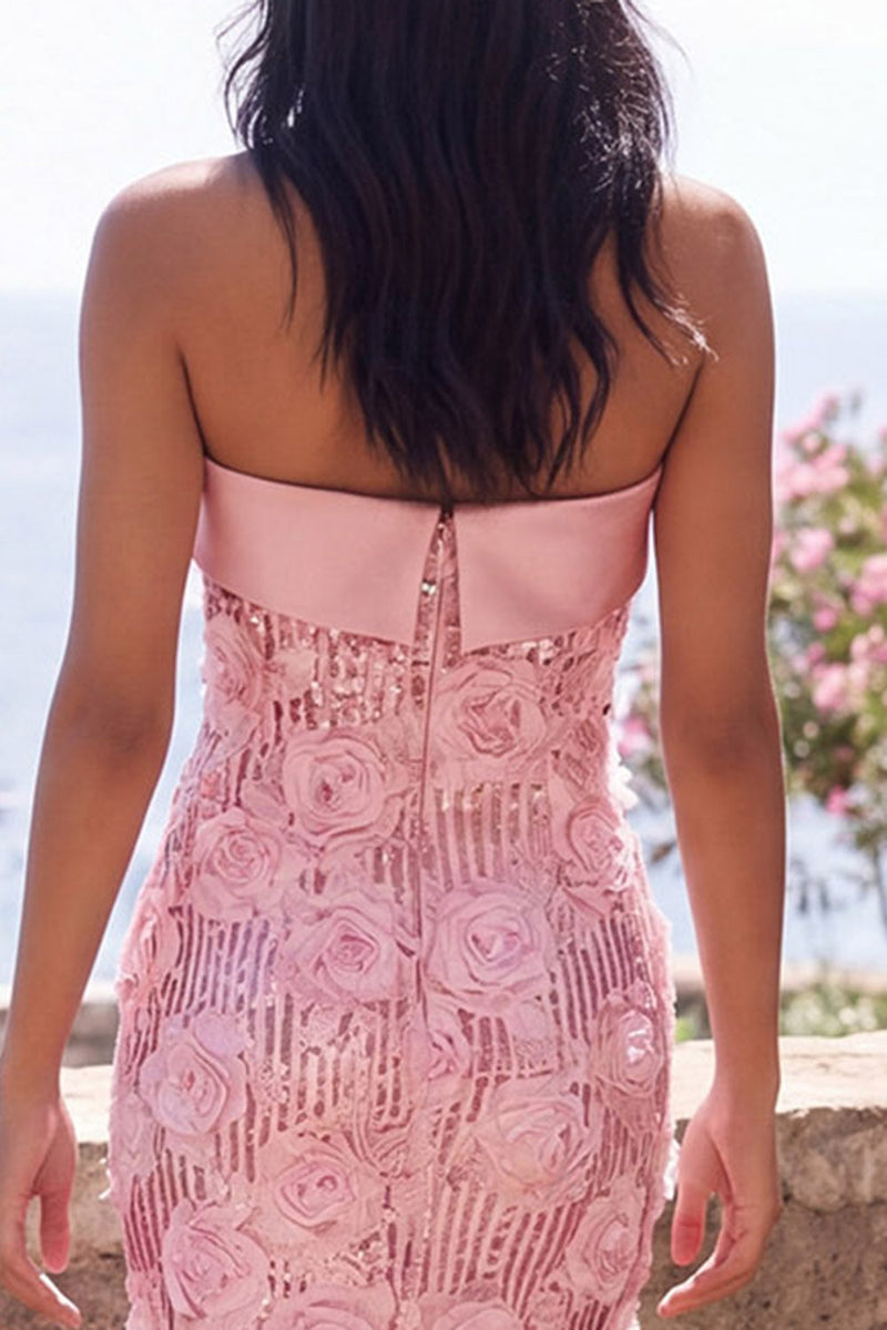 Load image into Gallery viewer, Floral Sparkly Sequin Pink Long Sheath Wedding Guest Dress with Slit