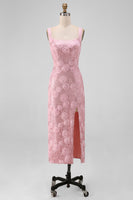 Load image into Gallery viewer, Sparkly Pink Sequin Floral Sheath Maxi Wedding Guest Dress with Slit