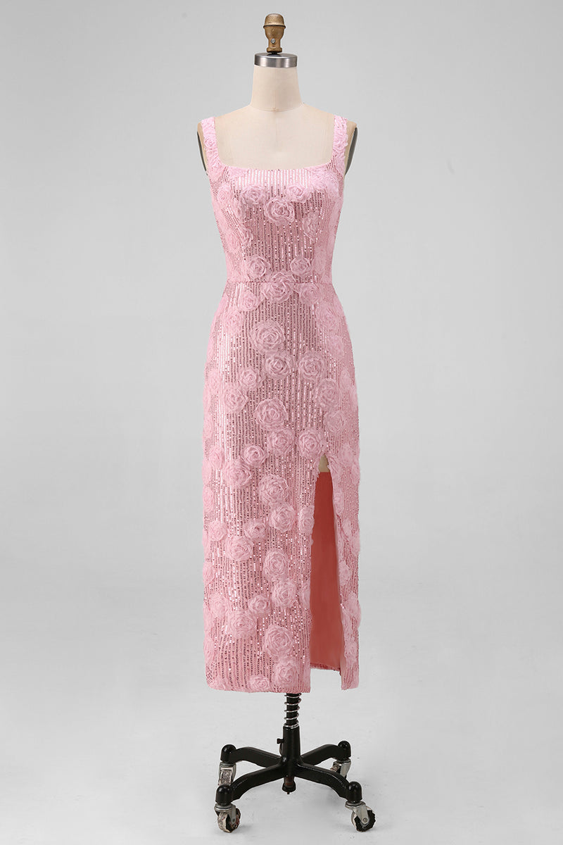 Load image into Gallery viewer, Sparkly Pink Sequin Floral Sheath Maxi Wedding Guest Dress with Slit