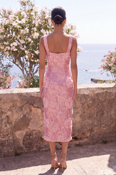 Sparkly Pink Sequin Floral Sheath Maxi Wedding Guest Dress with Slit