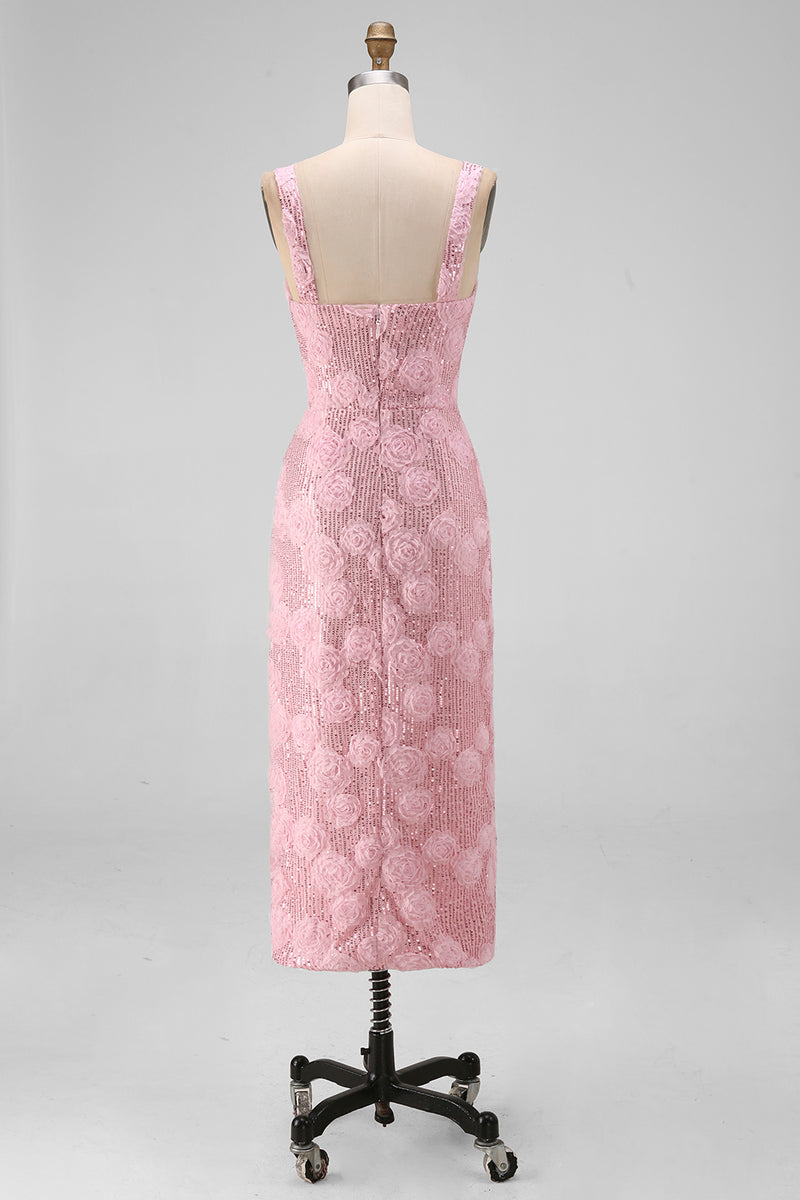Load image into Gallery viewer, Sparkly Pink Sequin Floral Sheath Maxi Wedding Guest Dress with Slit