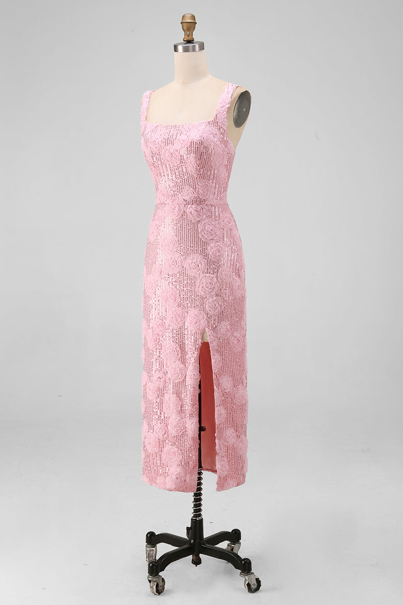 Load image into Gallery viewer, Sparkly Pink Sequin Floral Sheath Maxi Wedding Guest Dress with Slit