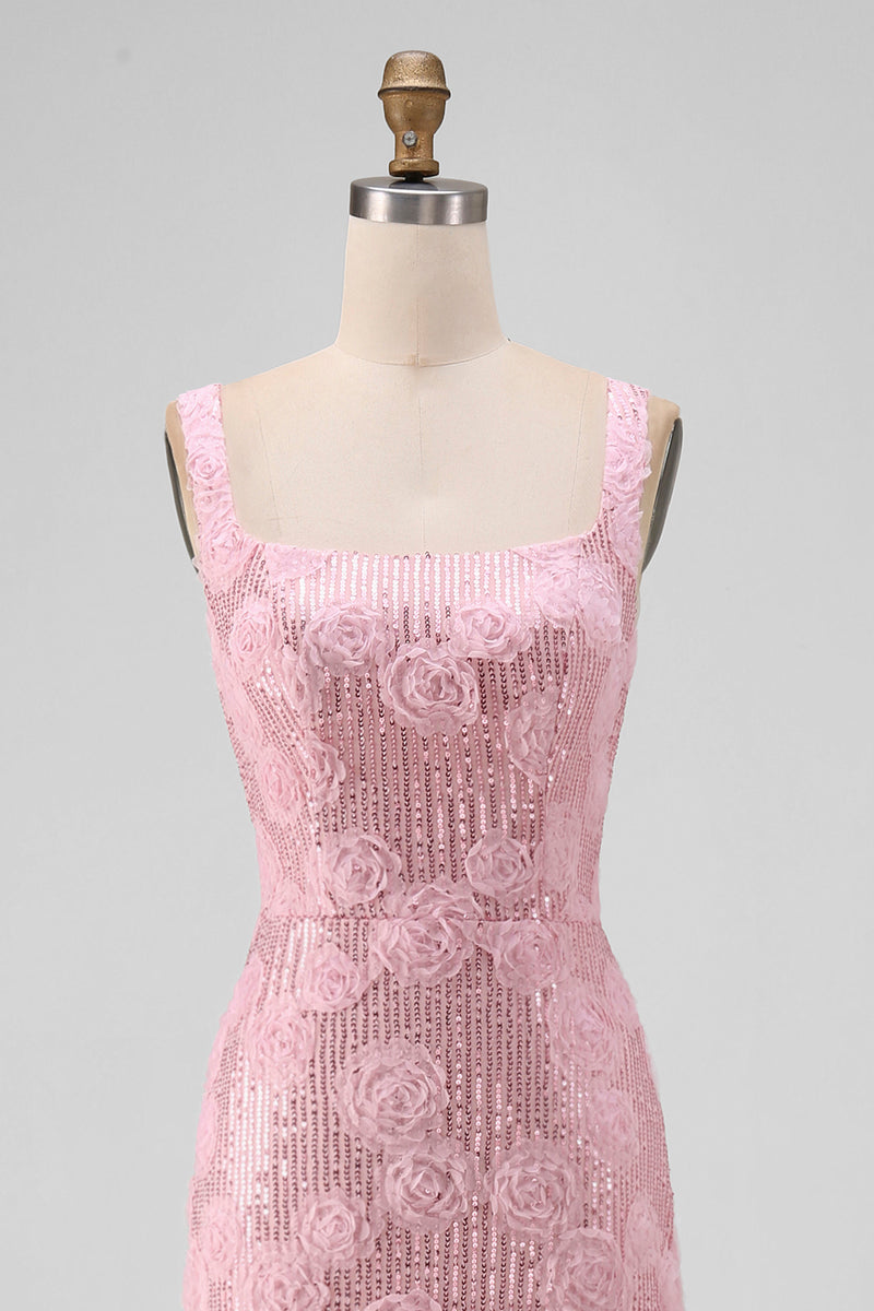 Load image into Gallery viewer, Sparkly Pink Sequin Floral Sheath Maxi Wedding Guest Dress with Slit
