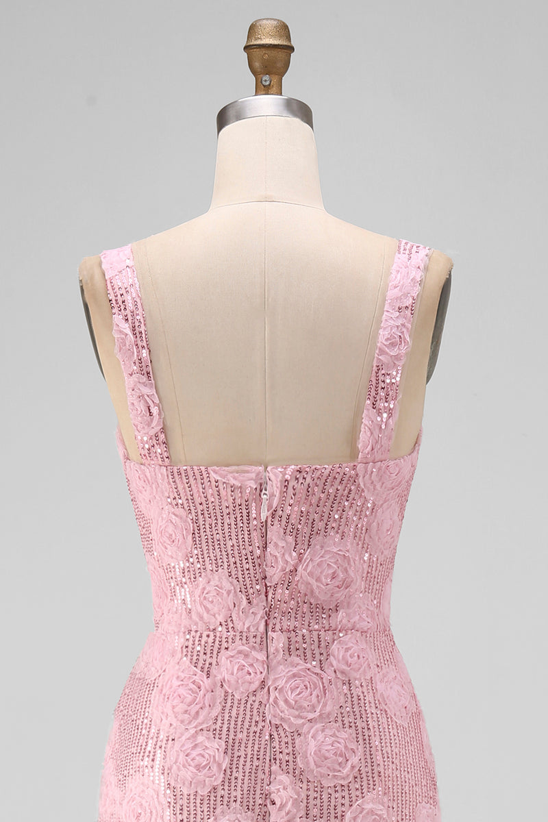 Load image into Gallery viewer, Sparkly Pink Sequin Floral Sheath Maxi Wedding Guest Dress with Slit