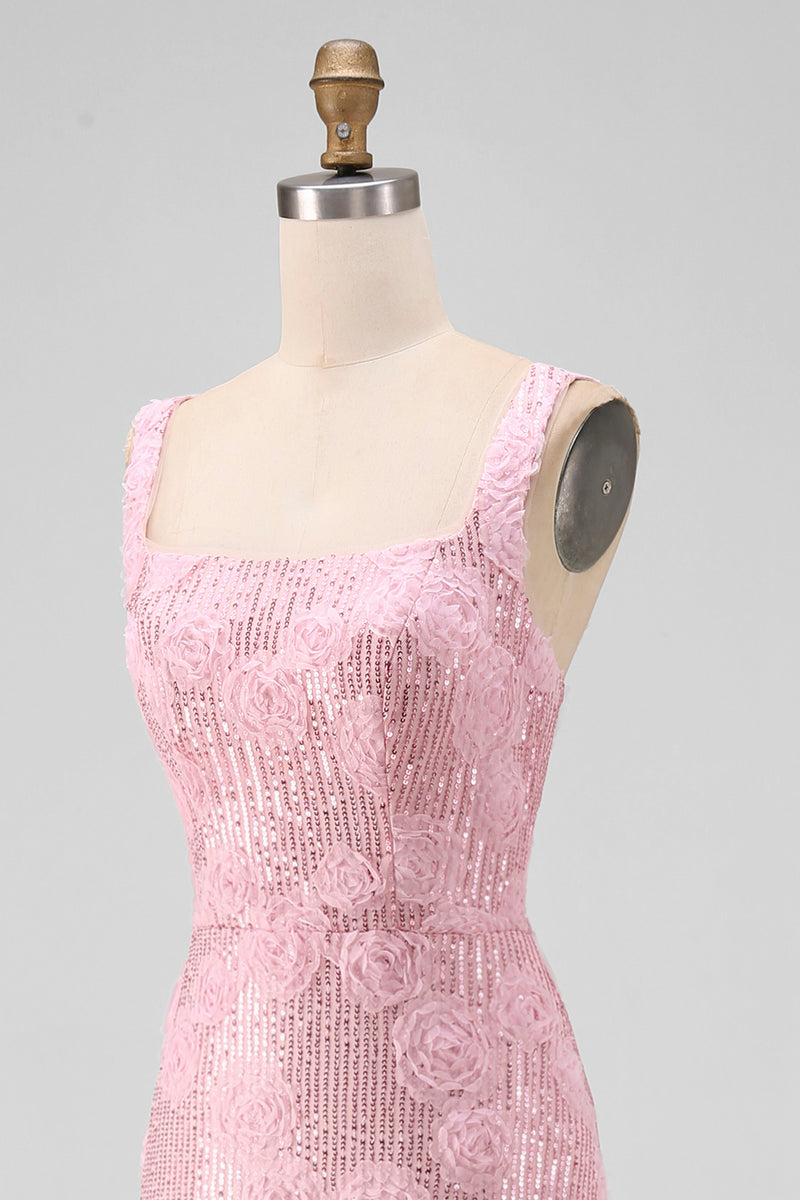 Load image into Gallery viewer, Sparkly Pink Sequin Floral Sheath Maxi Wedding Guest Dress with Slit
