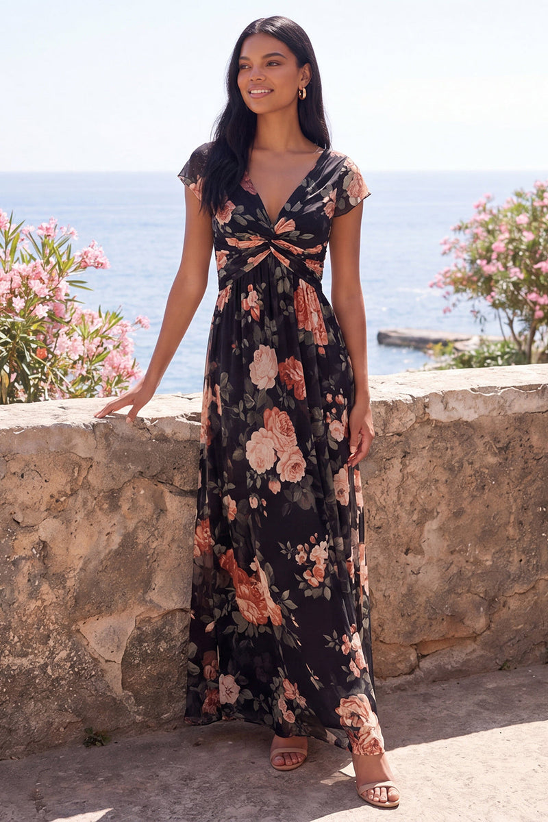 Load image into Gallery viewer, Black V-Neck Floral A Line Maxi Beach Wedding Guest Dress