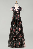 Load image into Gallery viewer, Black V-Neck Floral A Line Maxi Beach Wedding Guest Dress