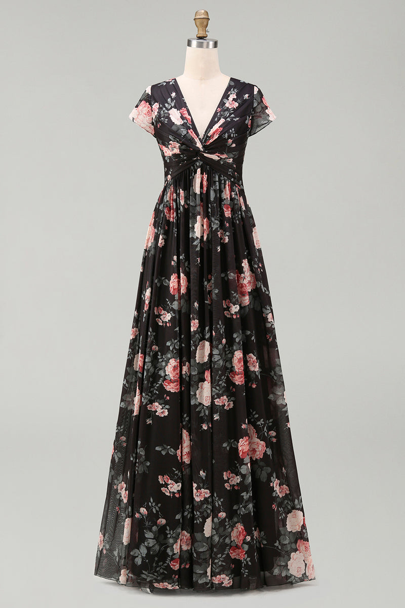 Load image into Gallery viewer, Black V-Neck Floral A Line Maxi Beach Wedding Guest Dress