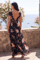 Load image into Gallery viewer, Black V-Neck Floral A Line Maxi Beach Wedding Guest Dress