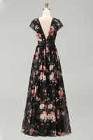 Load image into Gallery viewer, Black V-Neck Floral A Line Maxi Beach Wedding Guest Dress