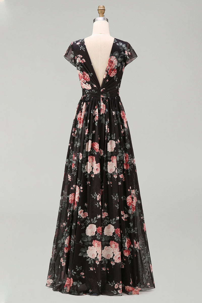 Load image into Gallery viewer, Black V-Neck Floral A Line Maxi Beach Wedding Guest Dress