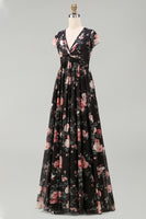 Load image into Gallery viewer, Black V-Neck Floral A Line Maxi Beach Wedding Guest Dress