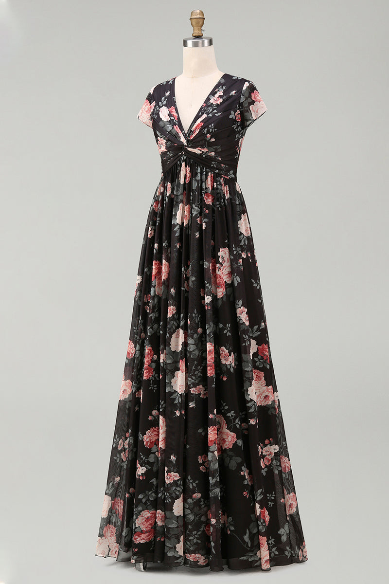 Load image into Gallery viewer, Black V-Neck Floral A Line Maxi Beach Wedding Guest Dress
