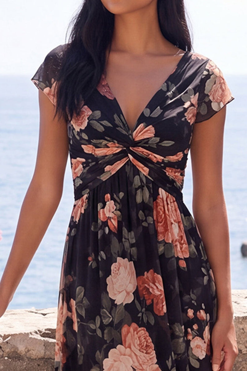 Load image into Gallery viewer, Black V-Neck Floral A Line Maxi Beach Wedding Guest Dress