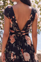 Load image into Gallery viewer, Black V-Neck Floral A Line Maxi Beach Wedding Guest Dress