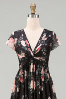 Load image into Gallery viewer, Black V-Neck Floral A Line Maxi Beach Wedding Guest Dress