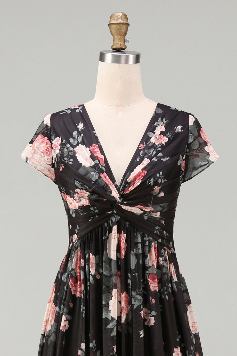 Load image into Gallery viewer, Black V-Neck Floral A Line Maxi Beach Wedding Guest Dress