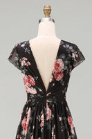 Load image into Gallery viewer, Black V-Neck Floral A Line Maxi Beach Wedding Guest Dress
