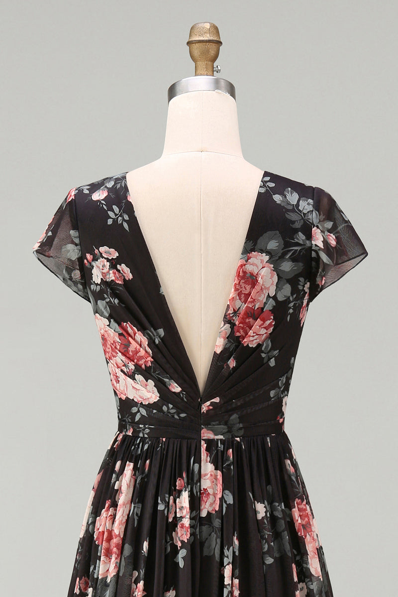 Load image into Gallery viewer, Black V-Neck Floral A Line Maxi Beach Wedding Guest Dress