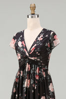 Load image into Gallery viewer, Black V-Neck Floral A Line Maxi Beach Wedding Guest Dress