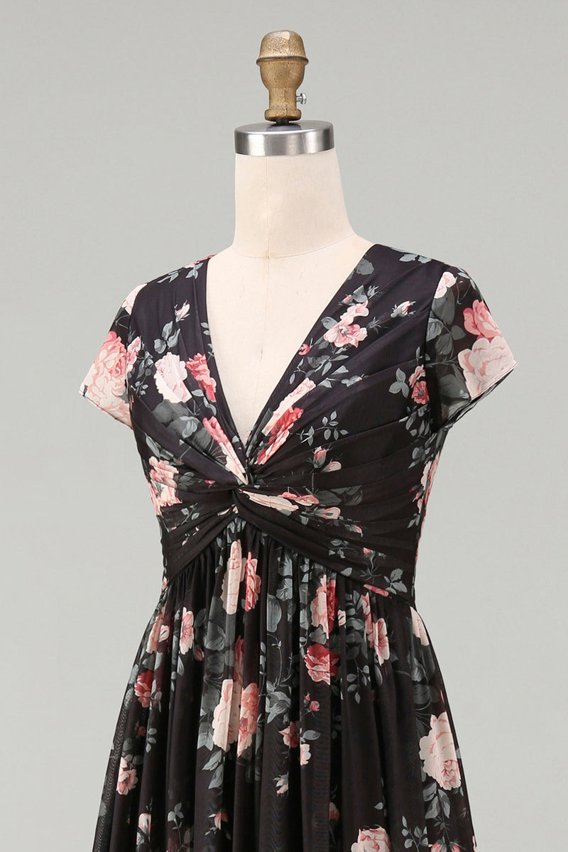Load image into Gallery viewer, Black V-Neck Floral A Line Maxi Beach Wedding Guest Dress