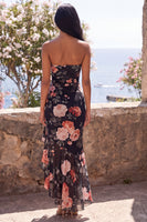 Load image into Gallery viewer, Black Mermaid High Low Floral Beach Wedding Guest Dress with Ruffles