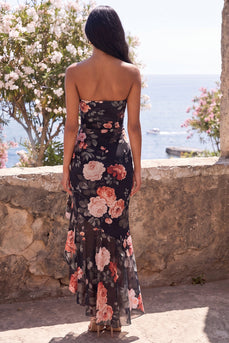 Black Mermaid High Low Floral Beach Wedding Guest Dress with Ruffles