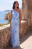 Load image into Gallery viewer, Blue Mermaid Floral One Shoulder Maxi Wedding Guest Dress