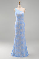 Load image into Gallery viewer, Blue Mermaid Floral One Shoulder Maxi Wedding Guest Dress
