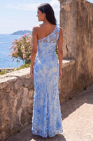 Load image into Gallery viewer, Blue Mermaid Floral One Shoulder Maxi Wedding Guest Dress