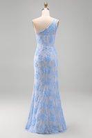 Load image into Gallery viewer, Blue Mermaid Floral One Shoulder Maxi Wedding Guest Dress