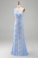 Load image into Gallery viewer, Blue Mermaid Floral One Shoulder Maxi Wedding Guest Dress