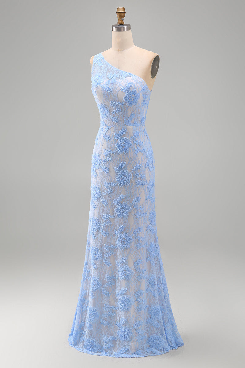 Load image into Gallery viewer, Blue Mermaid Floral One Shoulder Maxi Wedding Guest Dress