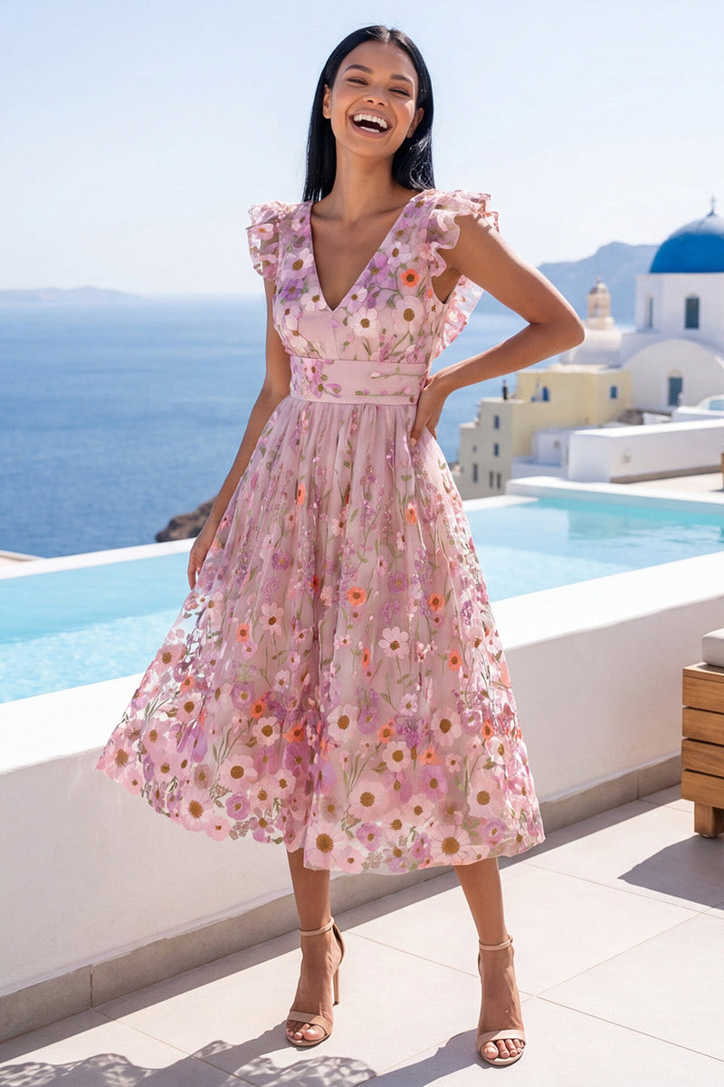 Load image into Gallery viewer, Floral A Line V-Neck Pink Maxi Wedding Guest Dress with Ruffles